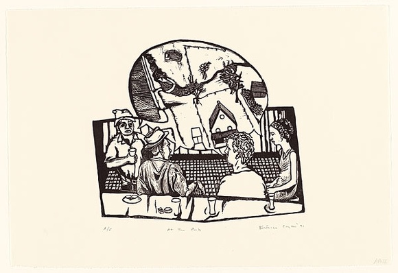 Artist: b'Carrington, Berenice.' | Title: b'At the pub' | Date: 1991 | Technique: b'linocut, printed in black ink, from one block'