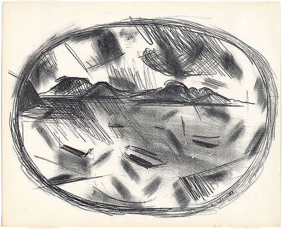 Artist: b'McCahon, Colin.' | Title: b'Puketutu Manakau 3' | Date: 1957 | Technique: b'lithograph, printed in black ink, from one cardboard plate'