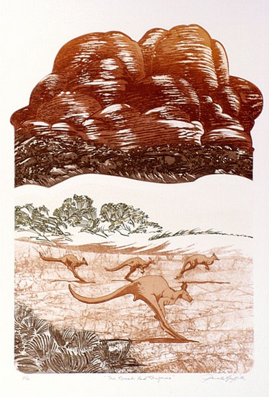 Artist: b'GRIFFITH, Pamela' | Title: b'The great red kangaroo' | Date: 1988 | Technique: b'etching and aquatint, printed in colour, from multiple plates' | Copyright: b'\xc2\xa9 Pamela Griffith'