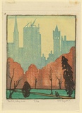 Artist: b'Syme, Eveline' | Title: b'The city skyline' | Date: c.1928 | Technique: b'linocut, printed in colour, from five blocks (pink yellow, light blue, cobalt green, burnt Sienna, black)'