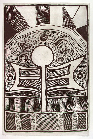 Artist: b'Murray, Janice.' | Title: b'Flying fox and bamboo at Muranapi' | Date: 2000, March | Technique: b'etching, printed in black ink, from one plate' | Copyright: b'\xc2\xa9 Janice Murray and Jilamara Arts + Craft'