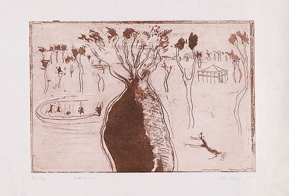 Artist: b'Forbes, Clem.' | Title: b'Bottle tree and dam.' | Date: 1977 | Technique: b'etching and aquatint, printed in red/brown ink, from one plate'