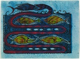 Title: Not titled [fish and eel] | Technique: lincout, printed in black ink, from one block; handcoloured