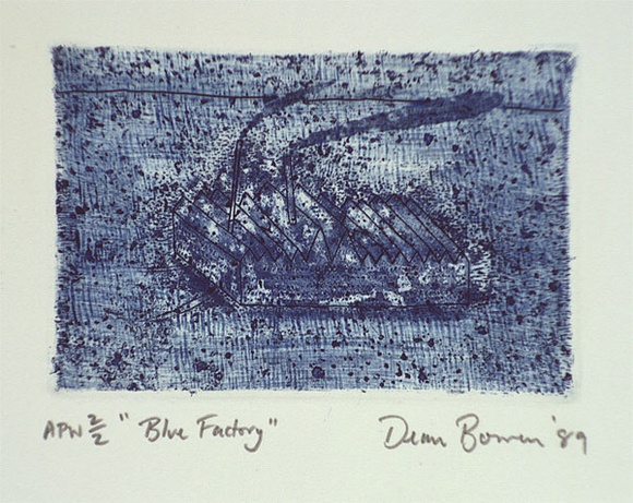 Artist: b'Bowen, Dean.' | Title: b'Blue factory' | Date: 1989, September | Technique: b'etching, printed in blue ink, from one plate'