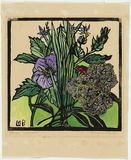 Artist: b'PRESTON, Margaret' | Title: b'Native hibiscus and gum flowers' | Date: 1936 | Technique: b'woodcut, printed in black ink, from one block; hand-coloured' | Copyright: b'\xc2\xa9 Margaret Preston. Licensed by VISCOPY, Australia'