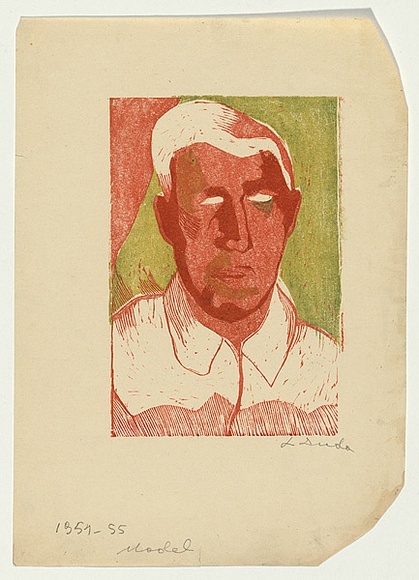 Artist: b'Groblicka, Lidia.' | Title: b'Model [portrait of a man].' | Date: 1954-55 | Technique: b'woodcut, printed in colour, from multiple blocks'