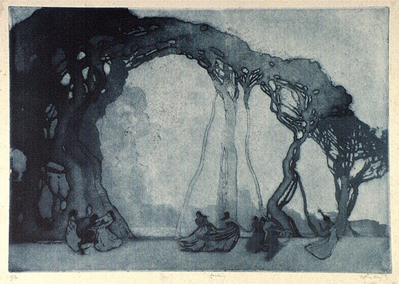 Artist: b'LONG, Sydney' | Title: b'Fantasy' | Date: 1919 | Technique: b'aquatint and etching, printed in blue ink, from one plate' | Copyright: b'Reproduced with the kind permission of the Ophthalmic Research Institute of Australia'
