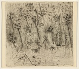 Title: not titled [landscape with animals and camp in foreground] | Date: c. 1963 | Technique: etching and aquatint, printed in black ink, from one plate