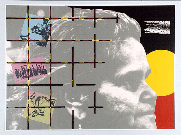 Artist: b'Hill, Andrew.' | Title: b'Colonialism, racism, genocide' | Date: 1987 | Technique: b'screenprint, printed in colour, from multiple stencils'