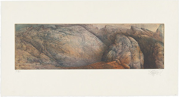 Artist: b'SCHMEISSER, Jorg' | Title: b'Near Bardan' | Date: 1985 | Technique: b'softground-etching and aquatint, printed in colour, from three plates' | Copyright: b'\xc2\xa9 J\xc3\xb6rg Schmeisser'