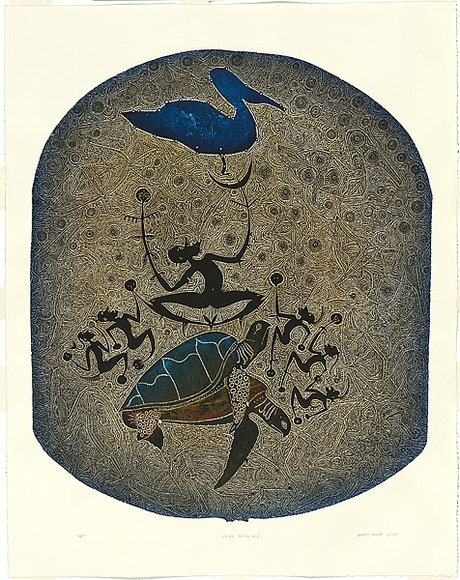 Artist: b'Nona, Dennis.' | Title: b'Awai Thithuiyil [Badu Island Story]' | Date: 2004 | Technique: b'linocut, printed in colour from one block; hand-coloured' | Copyright: b'Courtesy of the artist and the Australia Art Print Network'