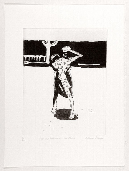 Artist: b'PLAYNE, Moira' | Title: b'Pioneer woman and child.' | Date: 1988 | Technique: b'etching, printed in black ink, from one plate' | Copyright: b'\xc2\xa9 Moira Playne, 1988'