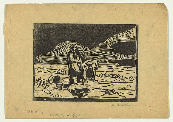 Artist: b'Groblicka, Lidia.' | Title: b'Potato diggers' | Date: 1953-54 | Technique: b'woodcut, printed in black ink, from one block'