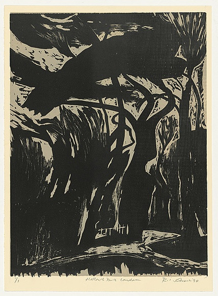 Artist: b'AMOR, Rick' | Title: b'Holland Park London.' | Date: 1990 | Technique: b'woodcut, printed in black and grey ink, from two blocks'