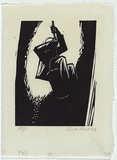 Artist: b'AMOR, Rick' | Title: b'[man being lowered into sharft]' | Date: 1984 | Technique: b'linocut, printed in black ink, from one block' | Copyright: b'\xc2\xa9 Rick Amor. Licensed by VISCOPY, Australia.'