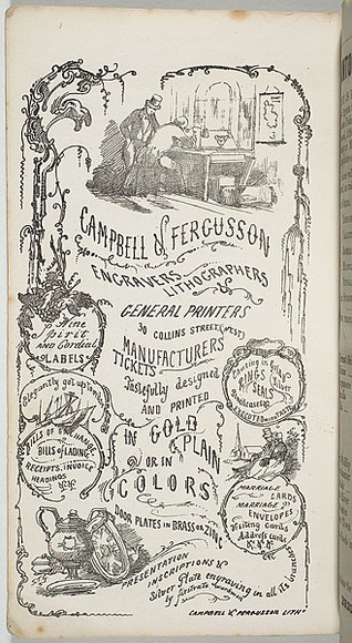 Artist: b'GILL, S.T.' | Title: b'[advertisment for] Campbell & Fergusson, engravers, lithographers, general printers.' | Date: 1855 | Technique: b'lithograph, printed in black ink, from one stone'