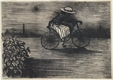 Artist: Blackman, Charles. | Title: Schoolgirl on bicycle. | Date: (1953) | Technique: lithograph, printed in black ink, from one zinc plate