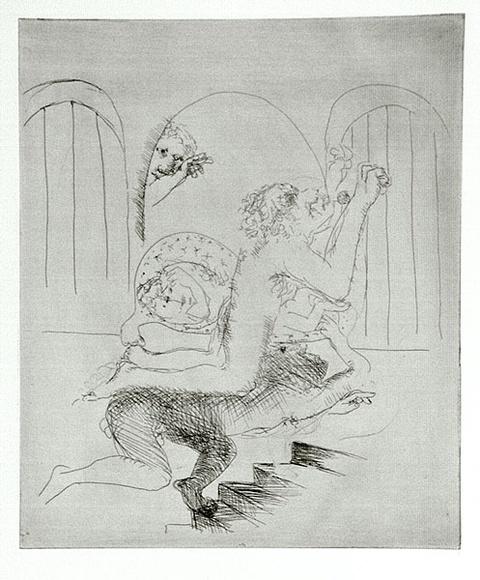 Artist: b'BOYD, Arthur' | Title: b'(Lovers in the basement with landlady on the stairs) [variant VII].' | Date: 1970 | Technique: b'etching, printed in black ink, from one plate' | Copyright: b'Reproduced with permission of Bundanon Trust'