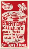 Artist: b'Lane, Leonie.' | Title: bThank God, he's gone...Benefit dance at Garibaldi's. | Date: 1980 | Technique: b'screenprint, printed in red ink, from one stencil' | Copyright: b'\xc2\xa9 Leonie Lane'