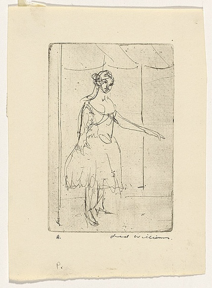 Artist: WILLIAMS, Fred | Title: Dancer standing | Date: 1955-56 | Technique: etching and engraving, printed in black ink, from one copper plate; pencil additions | Copyright: © Fred Williams Estate