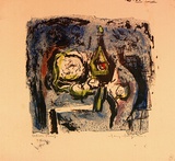 Artist: MACQUEEN, Mary | Title: Still life with green bottle | Date: 1958 | Technique: lithograph, printed in black ink, from one plate; hand-coloured | Copyright: Courtesy Paulette Calhoun, for the estate of Mary Macqueen