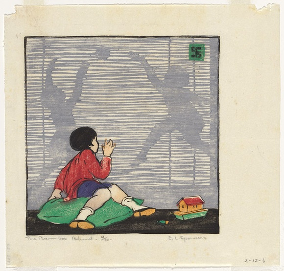 Artist: b'Spowers, Ethel.' | Title: b'The bamboo blind.' | Date: c.1926 | Technique: b'linocut, printed in colour in the Japanese manner, from multiple blocks'