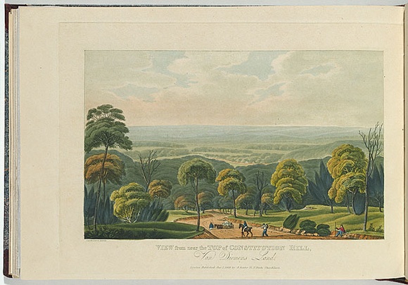 Artist: LYCETT, Joseph | Title: View from near the top of Constitution Hill, Van Diemen's Land. | Date: 1824-25 | Technique: etching and aquatint, printed in black ink, from one copper plate; hand-coloured