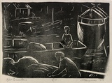 Artist: b'ROSENGRAVE, Harry' | Title: b'Boat dwellers' | Date: 1954 | Technique: b'linocut, printed in black ink, from one block'