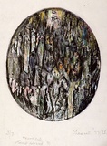 Artist: SHEARER, Mitzi | Title: not titled [oval] | Date: 1977-85 | Technique: woodcut, printed in black ink, from one block, hand-coloured, various colour