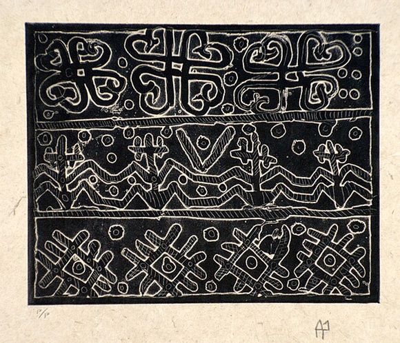 Artist: b'Wahdu Saietow.' | Title: b'Spirit motif design no.2' | Date: 1991 | Technique: b'relief-etching, printed inblack ink, from one plate'