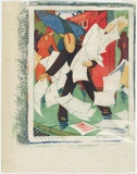 Artist: Spowers, Ethel. | Title: The gust of wind. | Date: 1930-31 | Technique: linocut, printed in colour, from four blocks (red, light green, cobalt blue and yellow ochre)