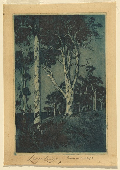 Artist: b'LINDSAY, Lionel' | Title: b'Gums in the moonlight' | Date: 1907 | Technique: b'etching and aquatint, printed in blue ink, from one plate' | Copyright: b'Courtesy of the National Library of Australia'