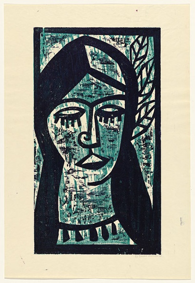 Artist: b'HANRAHAN, Barbara' | Title: b'Girl with leaves in her hair' | Date: 1960 | Technique: b'woodcut, printed in colour, from two blocks'