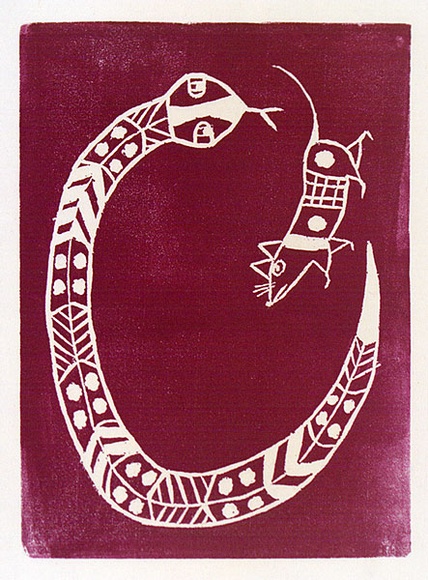 Artist: b'Artist unknown' | Title: b'Snake and rat' | Date: 1970s | Technique: b'screenprint, printed in colour, from multiple stencils'