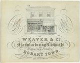 Artist: b'Jarman, Richard.' | Title: b'Trade card: Weaver and Co. Manufacturing chemists, Wellington Bridge, Hobart Town' | Date: c.1864 | Technique: b'engraving, printed in black ink, from one copper plate'