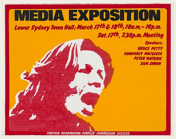 Artist: EARTHWORKS POSTER COLLECTIVE | Title: Media exposition | Date: 1979 | Technique: screenprint, printed in colour, from three stencils