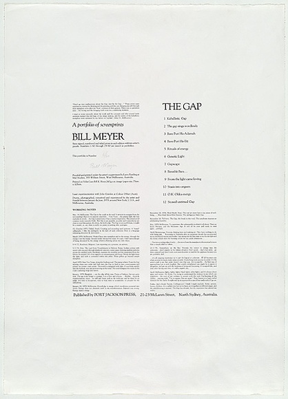 Artist: b'MEYER, Bill' | Title: b'Title page to Gap Portfolio' | Date: 1980 | Technique: b'screenprint, printed in black ink, from one stencil (text, photo-positive for indirect stencil)' | Copyright: b'\xc2\xa9 Bill Meyer'