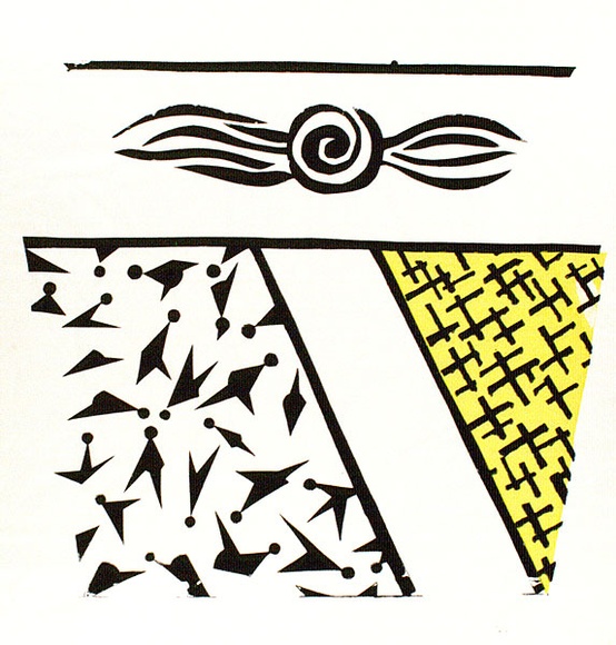 Artist: b'MERD INTERNATIONAL' | Title: b'(Black and white design with yellow crosshatched triangle No.7)' | Date: 1984 | Technique: b'screenprint'