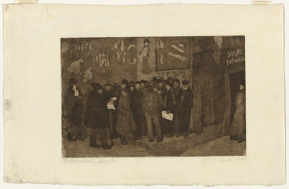 Artist: b'TRAILL, Jessie' | Title: b'The Soup Kitchen, Quay, Paris' | Date: 1930 | Technique: b'aquatint and etching, printed in brown ink with plate-tone, from one copper plate'