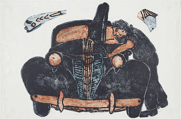 Artist: b'Gorring, Jackie.' | Title: b'Running deer meets Pontiac.' | Date: 1997 | Technique: b'linocut, printed in colour, from multiple blocks'