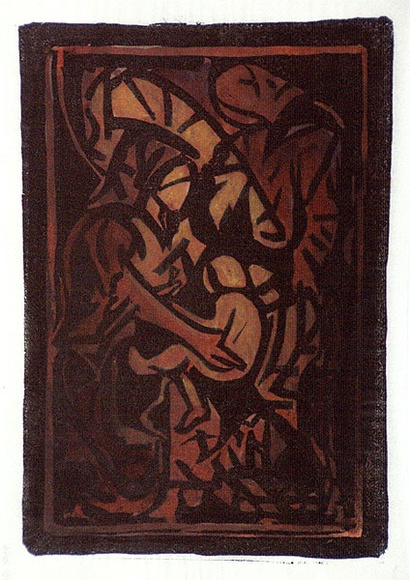 Artist: b'Stephen, Clive.' | Title: b'(Family scene)' | Date: c.1950 | Technique: b'linocut, printed in colour, from multiple blocks'