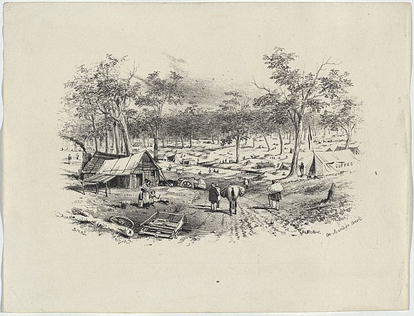 Artist: b'GILL, S.T.' | Title: b'On Bendigo Creek.' | Date: 1852 | Technique: b'lithograph, printed in black ink, from one stone'