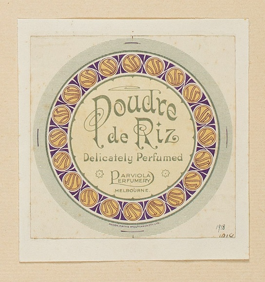 Artist: b'Burdett, Frank.' | Title: b'Label: Poudre de Riz perfume.' | Date: 1918 | Technique: b'lithograph, printed in colour, from multiple stones [or plates]'