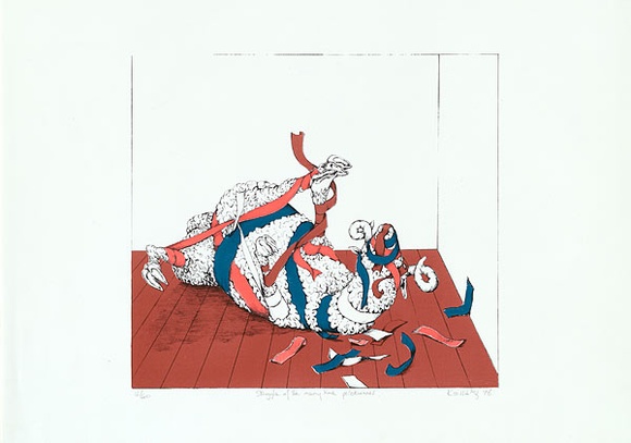 Artist: b'Kossatz, Les.' | Title: b'Struggle of the many time prize winner' | Date: 1976 | Technique: b'lithograph, printed in colour, from multiple plates; screenprint' | Copyright: b'\xc2\xa9 Les Kossatz. Licensed by VISCOPY, Australia'