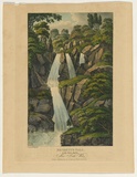 Artist: b'LYCETT, Joseph' | Title: bBeckett's Fall, on the River Apsley, New South Wales | Date: 01 August 1824 | Technique: b'lithograph, printed in black ink, from one stone; hand-coloured'