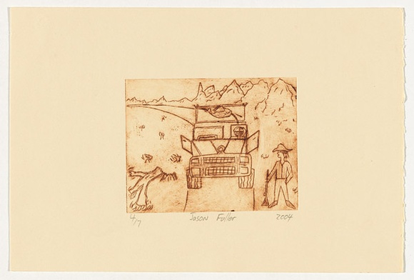 Artist: b'Fuller, Jason.' | Title: b'not titled [man with rifle and truck]' | Date: 2004 | Technique: b'drypoint etching, printed in brown ink, from one perspex plate'