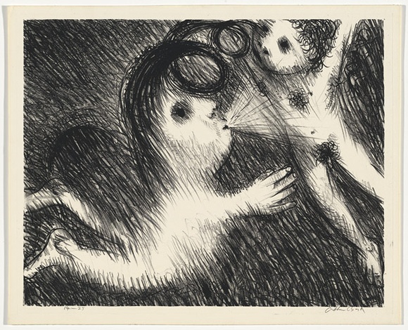 Artist: b'BOYD, Arthur' | Title: b'St Francis blowing Brother Masseo into the air.' | Date: (1965) | Technique: b'lithograph, printed in black ink, from one plate' | Copyright: b'Reproduced with permission of Bundanon Trust'