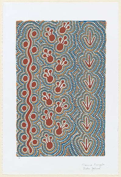 Artist: b'Nangala Joshua, Norma.' | Title: b'Tracks' | Date: c.2001 | Technique: b'screenprint, printed in colour, from five stencils'