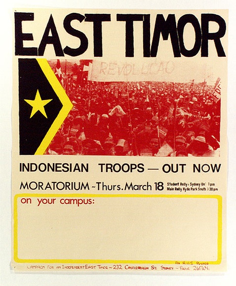 Artist: b'MURPHY, Peter' | Title: b'East Timor Revolution: Indonesian troops - out now' | Date: 1976 | Technique: b'screenprint, printed in colour, from three stencils'