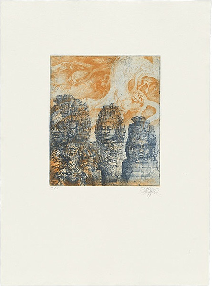 Title: b'Bayon heads and tree roots' | Date: 1999 | Technique: b'softground-etching and aquatint, printed in colour from two plates'